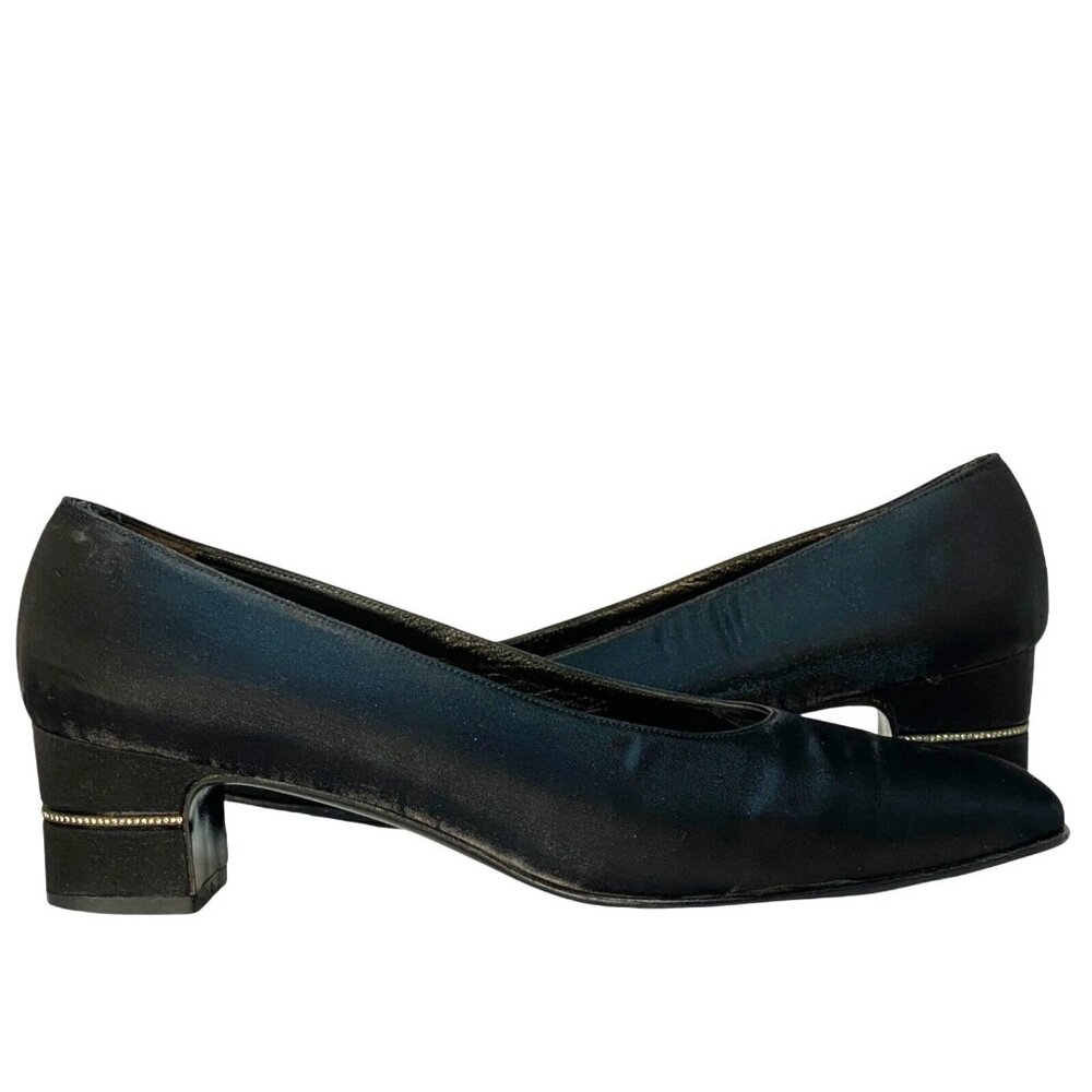 Salvatore Ferragamo Vintage Black Satin Crystal Embellished Block Heel Pumps 7 - Picture 3 of 9